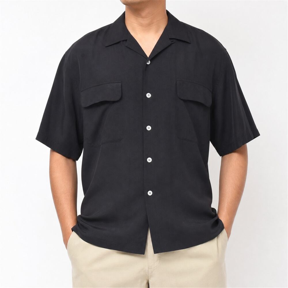 Pussers Islander Shirt Mens Large Black Silk Camp Button Up Pocket Casual